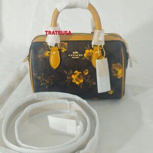 Mini Rowan Crossbody Bag In Signature Canvas Floral Print CCF31 Walnut Yellow